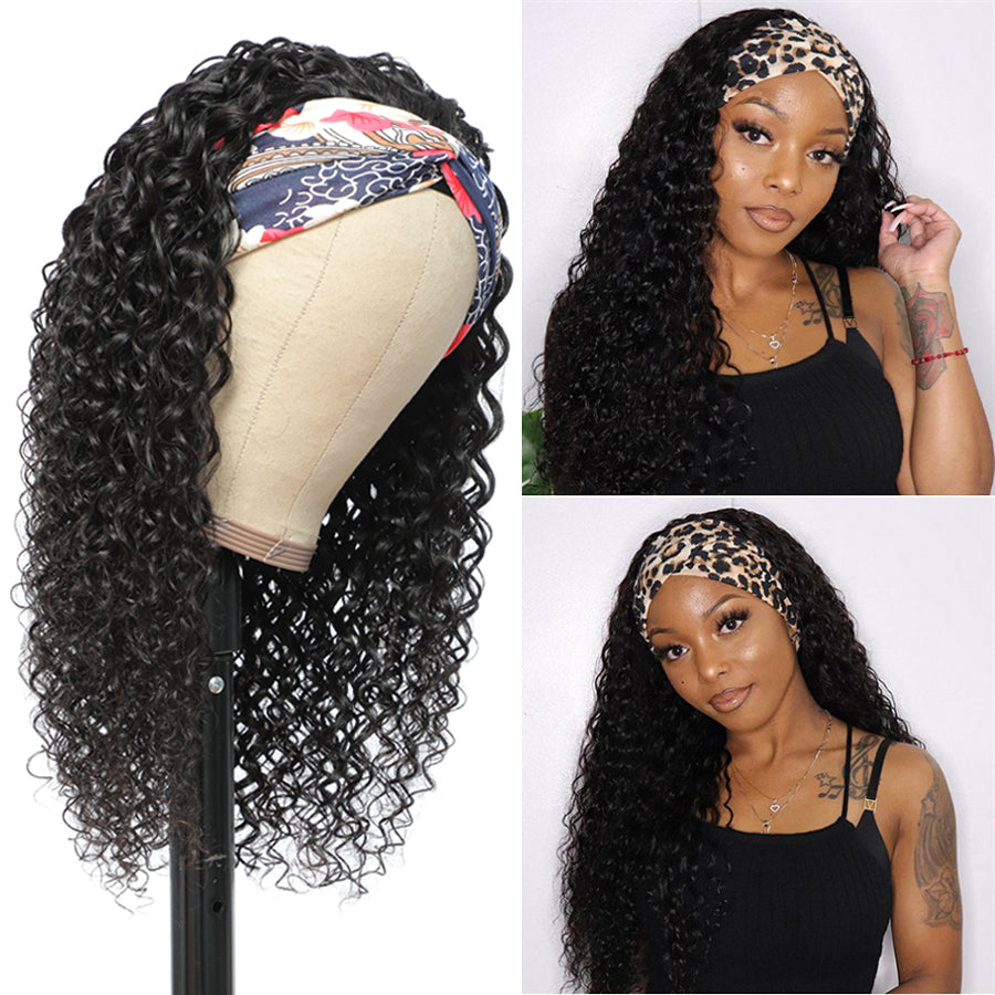 TT Hair Brazilian Water Wave Headband Wig Human Hair Glueless Machine Made Wigs