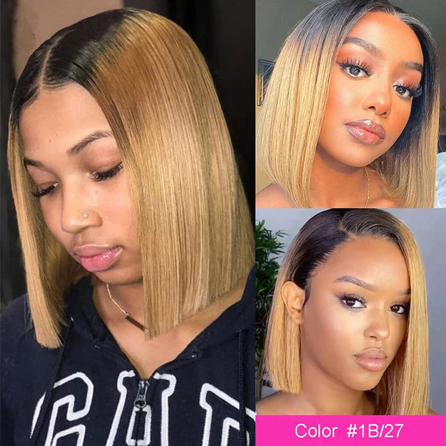 TT Hair Dark Roots Ombre Honey Blonde 13x4 Lace Human Hair Wigs T1B/27 Bob Lace Front Wigs Pre Plucked