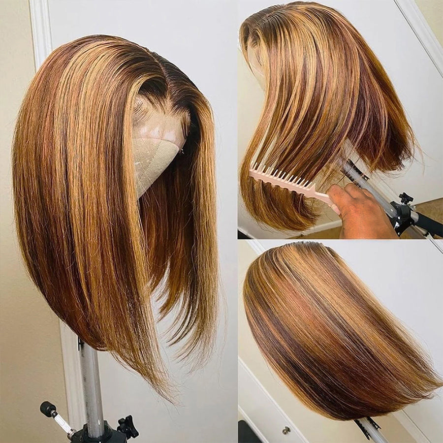 TT Hair Ombre Brown Highlight Bob Wigs P4/27 4x4 Pre-Cut Closure Bob Wigs With Baby Hair Pre Plucked