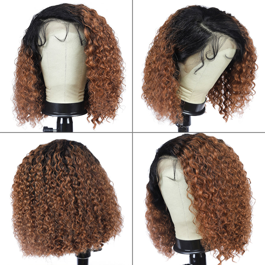 TT Hair Dark Roots Ombre Lace Front Wigs T1B/30 Remy Human Hair 13x4 Bob Curly Wigs