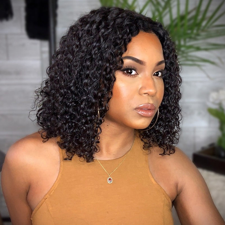 TT Hair V Part Wigs Human Hair Bob Curly Wigs Beginner Friendly Natural Black Wigs