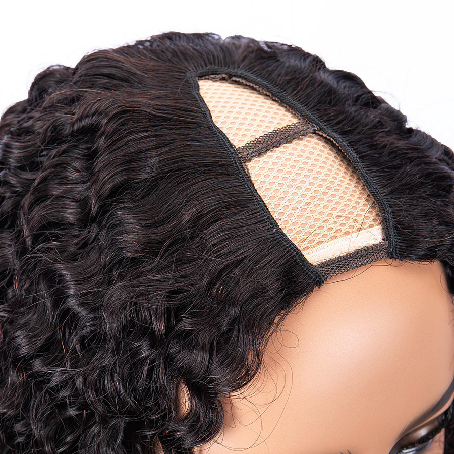 TT Hair V Part Wigs Human Hair Bob Curly Wigs Beginner Friendly Natural Black Wigs